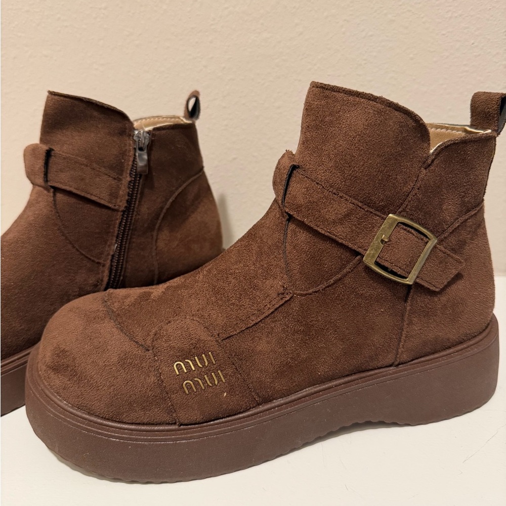 Brown Faux Suede Ankle Boots Buckle Casual Fall Cozy Shoes 39-40